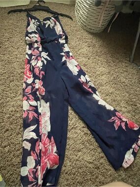 Sequin Hearts Navy Jumpsuit with Pink & White Floral Print